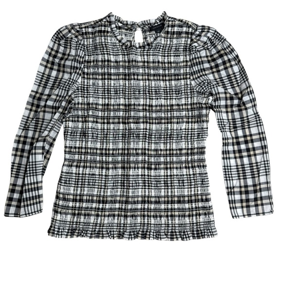 Ann Taylor Plaid Smocked Blouse XXS Long Sleeve Black White Ruffle Hem - Picture 2 of 7
